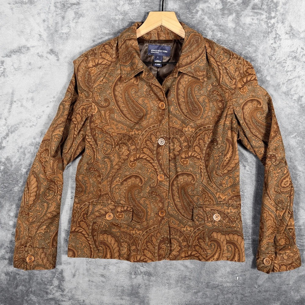 Jones New York Signature Womens Jacket Blazer Size L Brown Paisley Cotton
